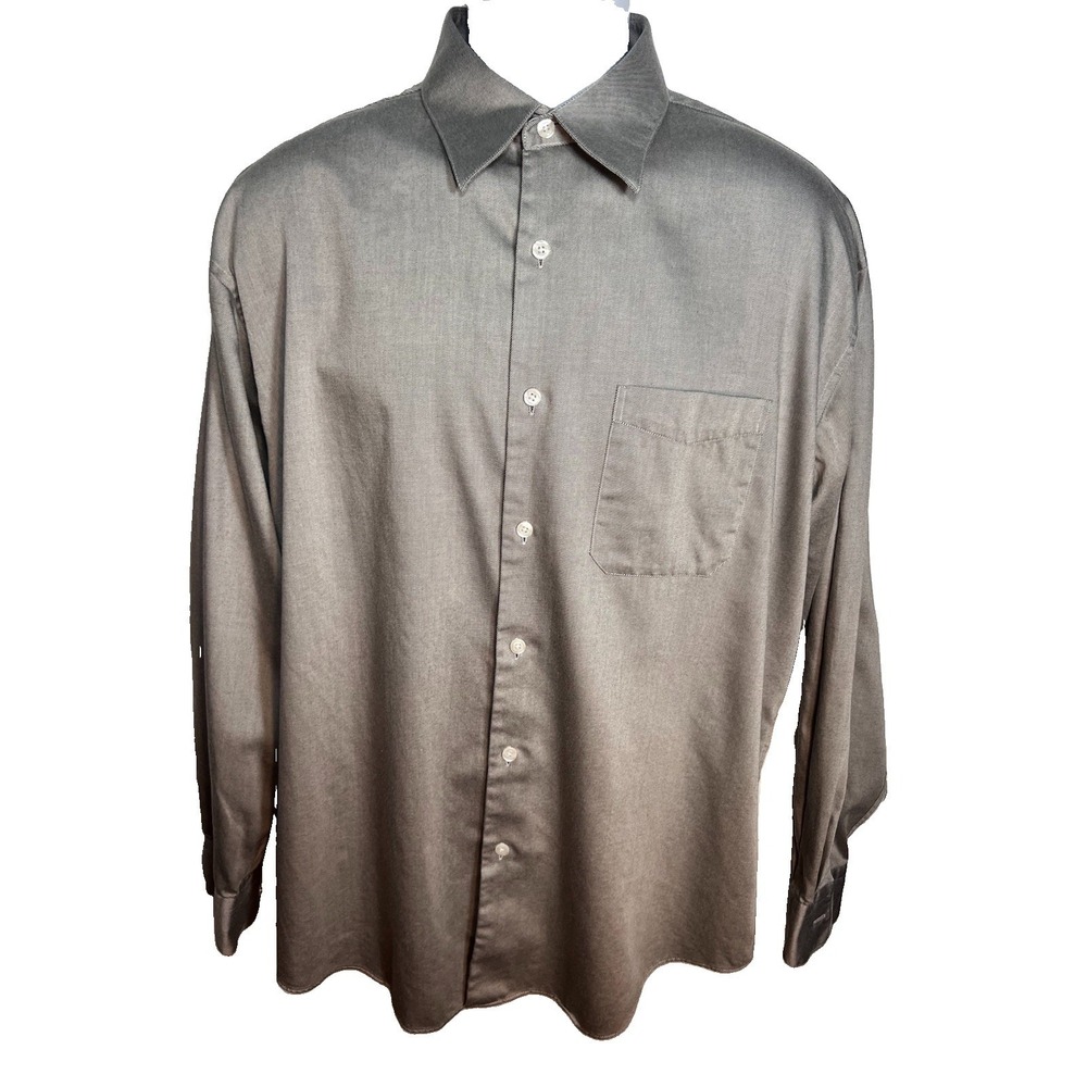 Perry Ellis Portfolio Supima Cotton Grey Button Front Dress Career Shirt 16.5